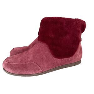 Vionic Suede Leather Faux Fur Slipper Ankle Boots - Maizie - Port Red 7.5
